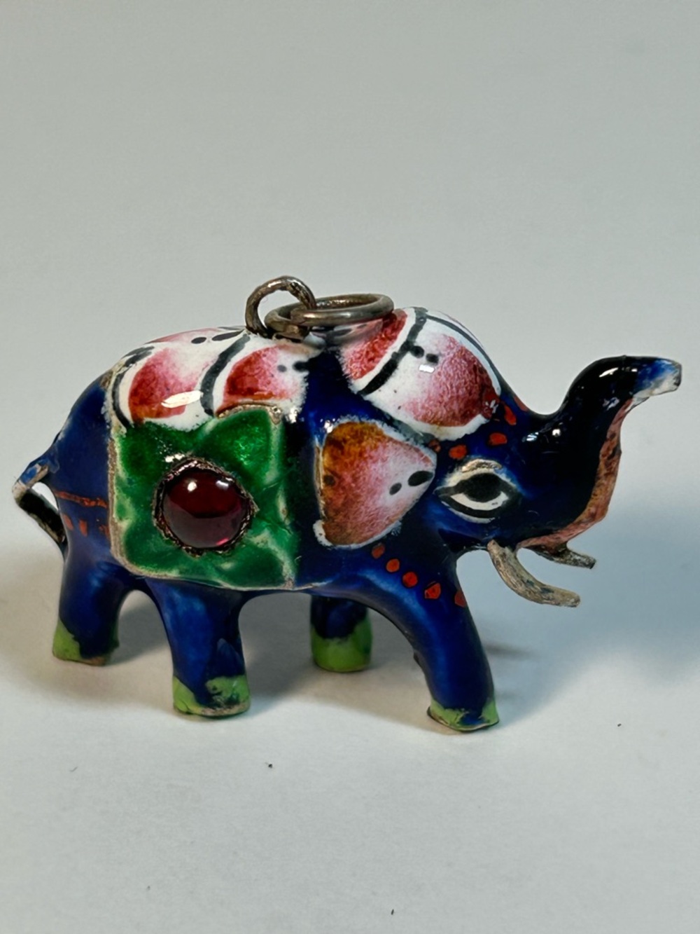 Vintage Indian Meenakari Enamel Elephant Charm Pendant Garnet Trunk Up